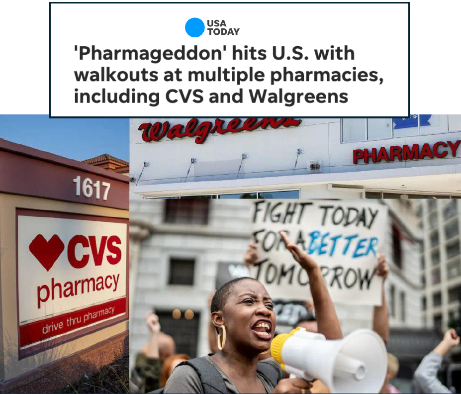USA Today headline "Pharmageddon hits U.S. with walkouts at multiple pharmacies including CVS and Walgreens